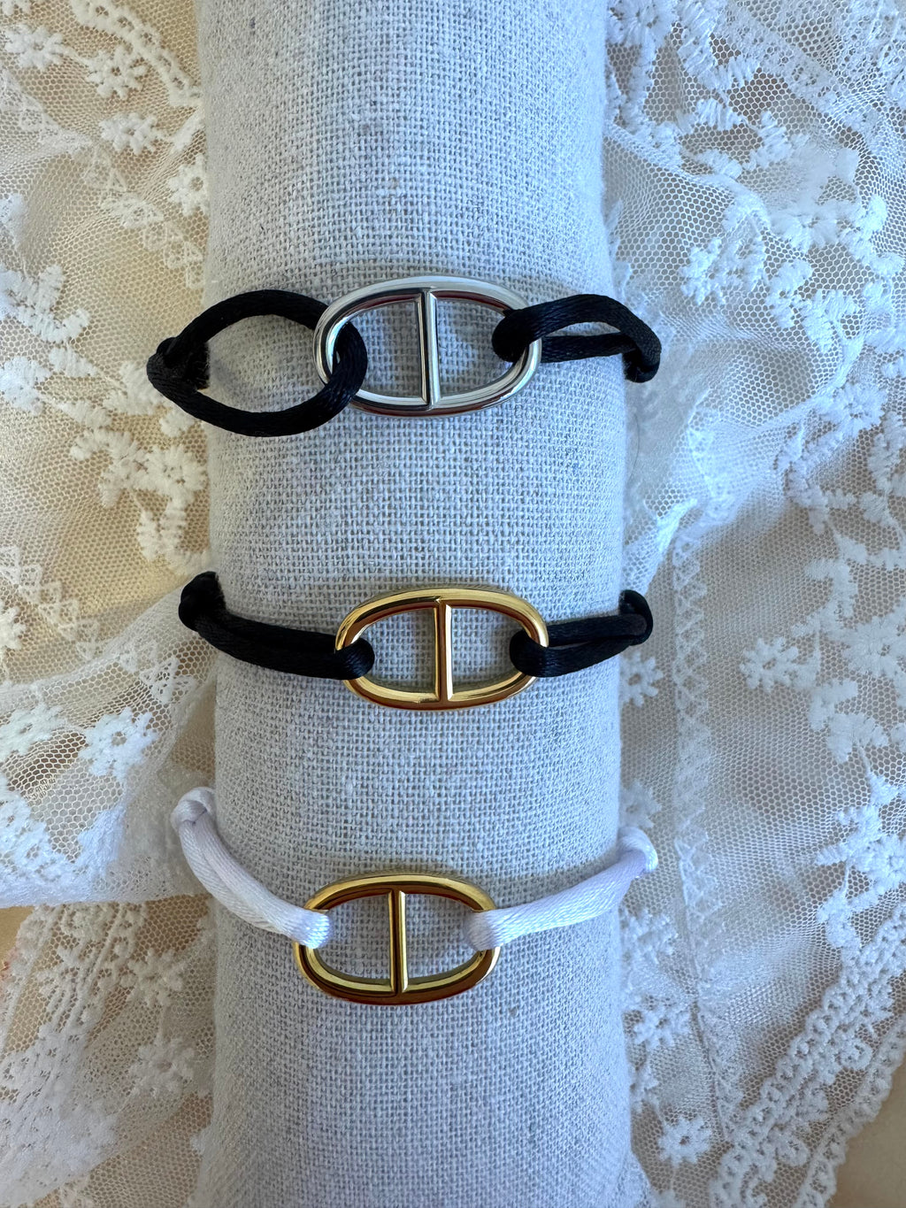 Bracelet Yuna | Cordon Noir & Blanc | Argent & Or